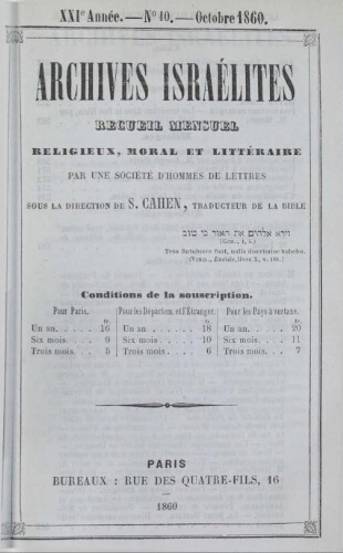Archives israélites de France. Vol.21 N°10 (octobre 1860)
